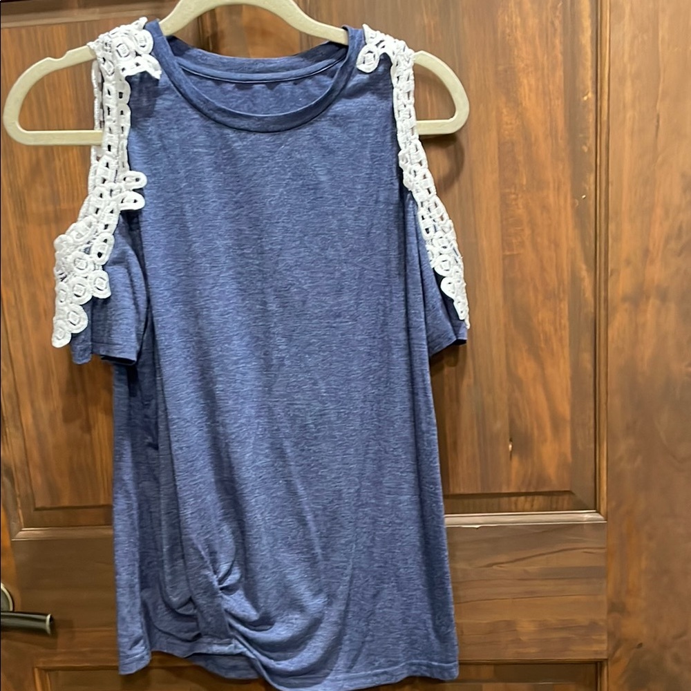 Blue Cold Shoulder Top with Lace Detail